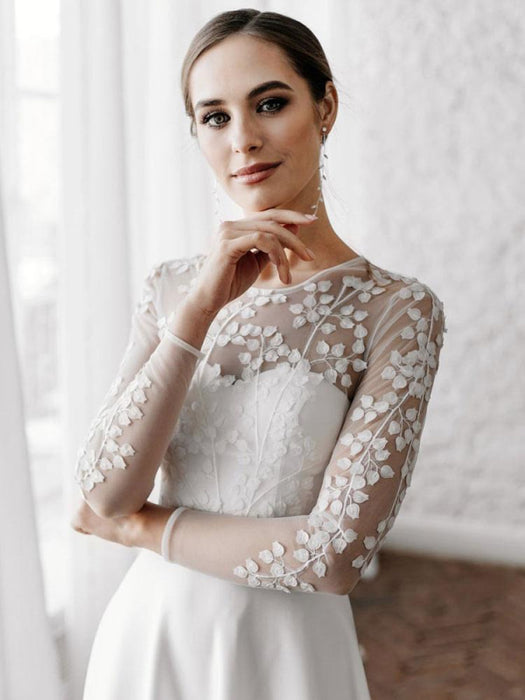 White Simple Wedding Dress A-Line Illusion Neckline Long Sleeves Pearls TrainSatin Fabric Lace Bridal Gowns