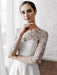 White Simple Wedding Dress A-Line Illusion Neckline Long Sleeves Pearls TrainSatin Fabric Lace Bridal Gowns