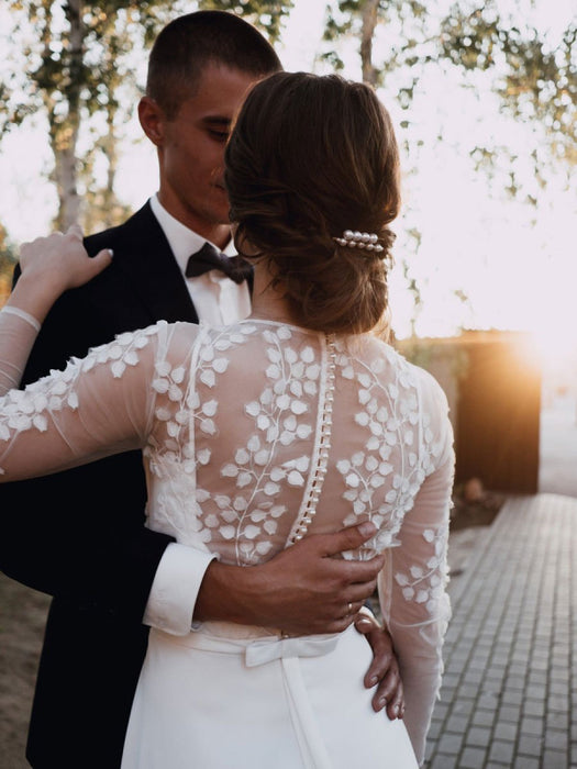 White Simple Wedding Dress A-Line Illusion Neckline Long Sleeves Pearls TrainSatin Fabric Lace Bridal Gowns