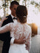 White Simple Wedding Dress A-Line Illusion Neckline Long Sleeves Pearls TrainSatin Fabric Lace Bridal Gowns