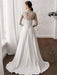 White Simple Wedding Dress A-Line Illusion Neckline Long Sleeves Pearls TrainSatin Fabric Lace Bridal Gowns