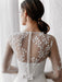 White Simple Wedding Dress A-Line Illusion Neckline Long Sleeves Pearls TrainSatin Fabric Lace Bridal Gowns