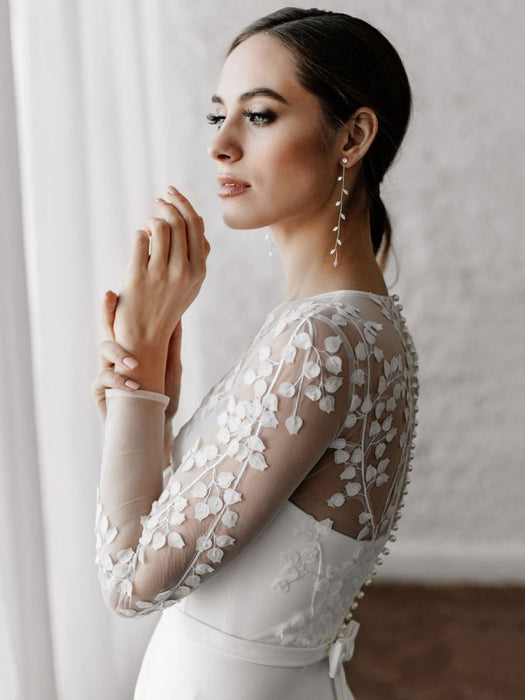 White Simple Wedding Dress A-Line Illusion Neckline Long Sleeves Pearls TrainSatin Fabric Lace Bridal Gowns
