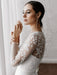 White Simple Wedding Dress A-Line Illusion Neckline Long Sleeves Pearls TrainSatin Fabric Lace Bridal Gowns