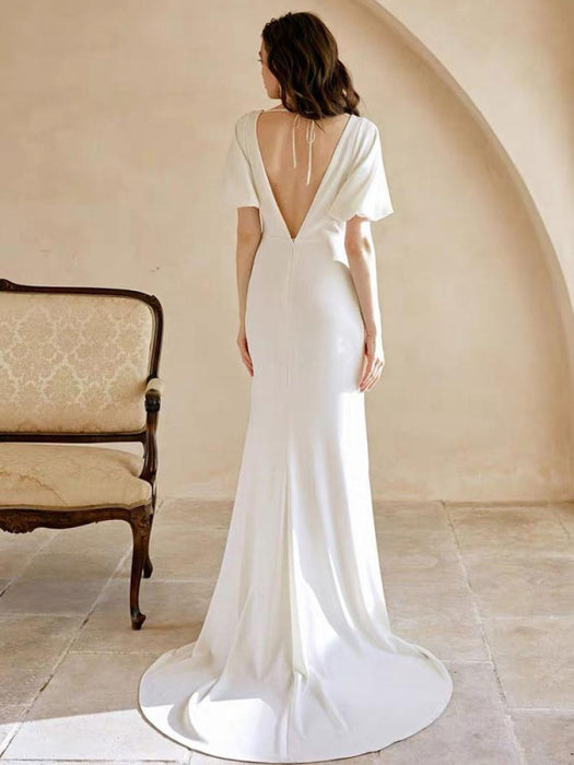 White Simple Wedding Dress With Train A-Line Mermaid V-Neck Short Sleeves Polyester Bridal Dresses