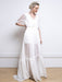 White Simple Wedding Dress A-Line V-Neck Half Sleeves Backless Tulle Satin Fabric Long Bridal Gowns