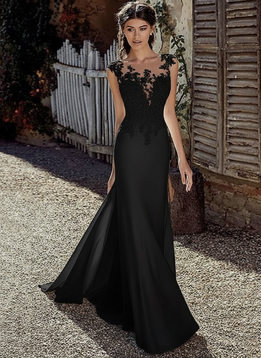 Simple Wedding Dress Black Chiffon Illusion Neckline Sleeveless Court Train Applique Sheath Bridal Gowns