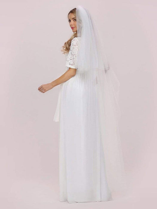White Simple Wedding Dress Chiffon Jewel Neck Short Sleeves Sash A-Line Long Bridal Gowns