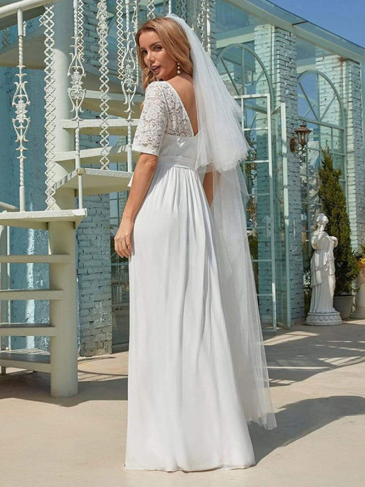 White Simple Wedding Dress Chiffon Jewel Neck Short Sleeves Sash A-Line Long Bridal Gowns