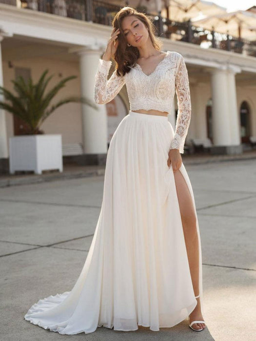 Chiffon Long Sleeves A-Line Split Lace Wedding Dress-Bridelily Chiffon Long Sleeves A-Line Split Lace Wedding Dress-Bridelily