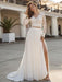 White Simple Wedding Dress Chiffon V-Neck Long Sleeves Cut Out A-Line Split Lace Bridal Gowns