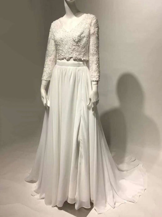 White Simple Wedding Dress Chiffon V-Neck Long Sleeves Cut Out A-Line Split Lace Bridal Gowns