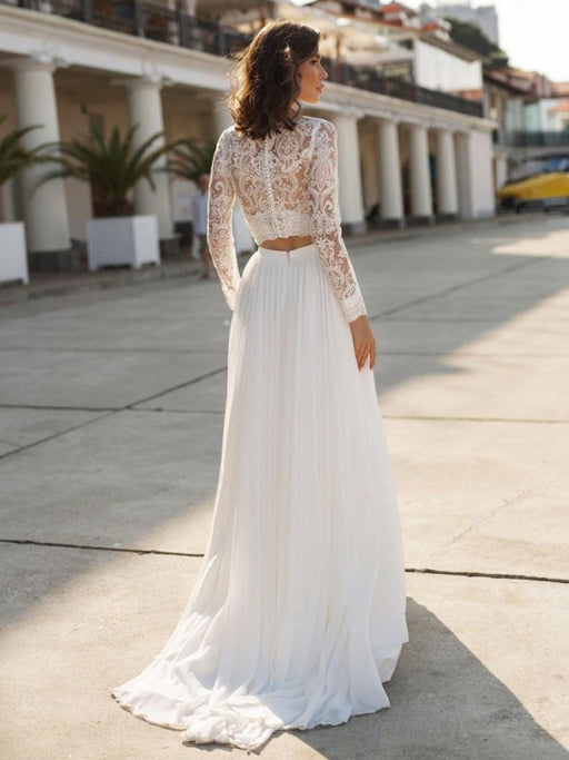 White Simple Wedding Dress Chiffon V-Neck Long Sleeves Cut Out A-Line Split Lace Bridal Gowns