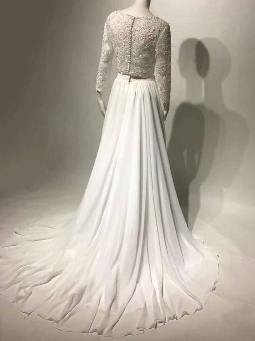 White Simple Wedding Dress Chiffon V-Neck Long Sleeves Cut Out A-Line Split Lace Bridal Gowns