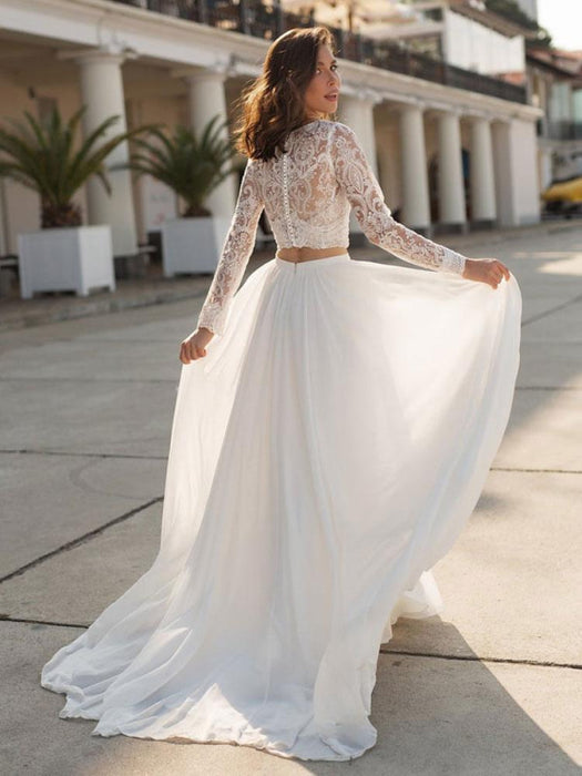 White Simple Wedding Dress Chiffon V-Neck Long Sleeves Cut Out A-Line Split Lace Bridal Gowns