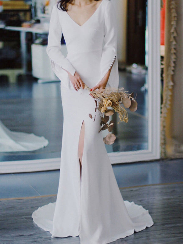 Sexy Mermaid Long Sleeves V Neckline Satin White Long Wedding Dresses Brides Dress