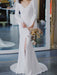 White Simple Wedding Dress Satin Fabric V-Neck Long Sleeves Buttons Mermaid Bridal Gowns