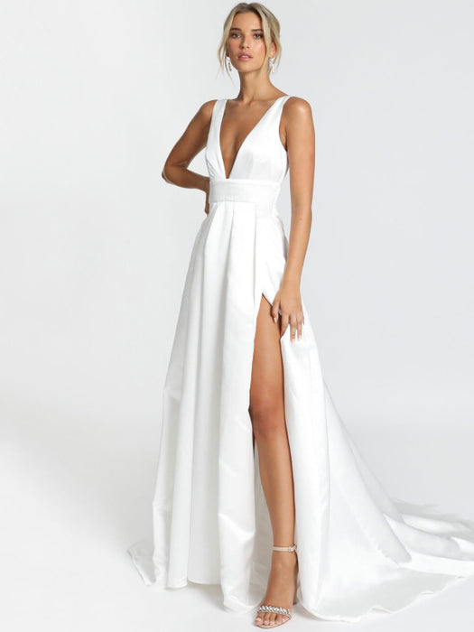 White Simple Wedding Dress Satin Fabric V-Neck Sleeveless Backless A-Line Bridal Dresses