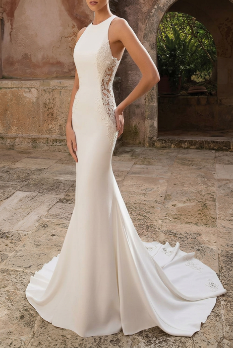 White Simple Wedding Dress Spandex Jewel Neck Sleeveless Lace Mermaid Bridal Dresses