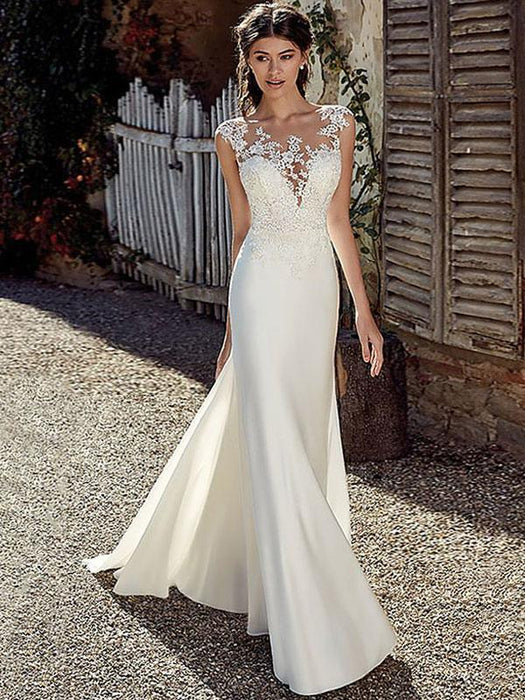 White Simple Wedding Dress Chiffon Court Train Applique -Bridelily White Simple Wedding Dress Chiffon Court Train Applique -Bridelily