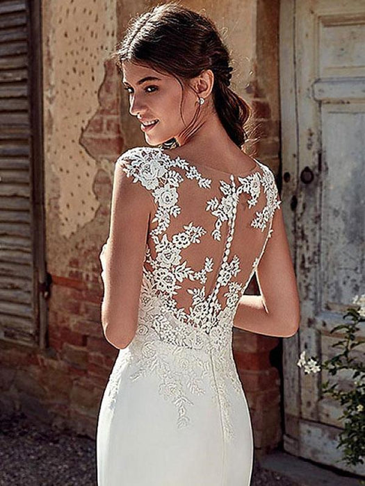 White Simple Wedding Dress White Chiffon Illusion Neckline Sleeveless Court Train Applique Sheath Bridal Gowns