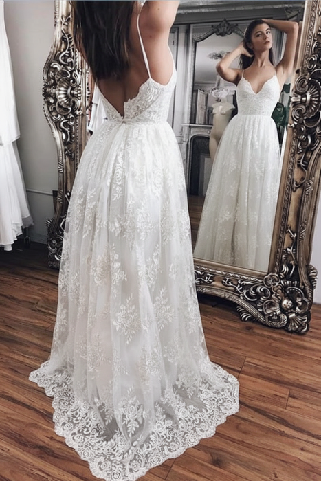 White Spaghetti Straps Backless Lace Beach Wedding Dresses - Prom Dresses
