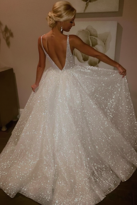 White Sparkly V-neck Sleeveless Backless Floor-length Party Dress Prom Dresses - Prom Dresses