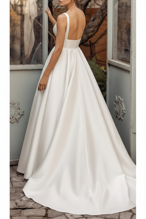 White Vintage Wedding Dresses Square Neck Sleeveless Natural Waist Satin Fabric Court Train Sash Bridal Dress