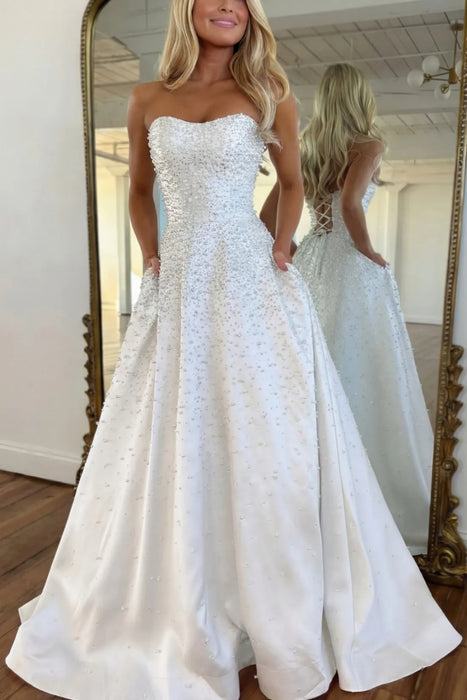 White Strapless Satin Prom Dress A-Line Evening Dress with Beadings