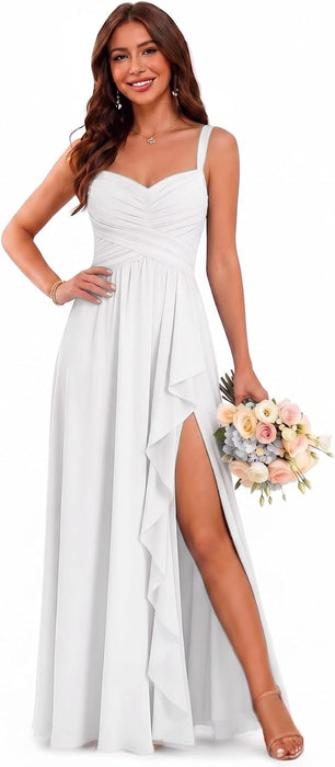 Women's Chiffon Bridesmaid Dresses Long Evening Formal Gown with Slit - White