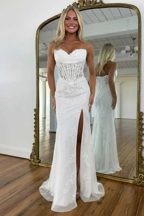 White Sweetheart Lace Corset Mermaid Prom Dress Strapless with Split - Prom Dresses
