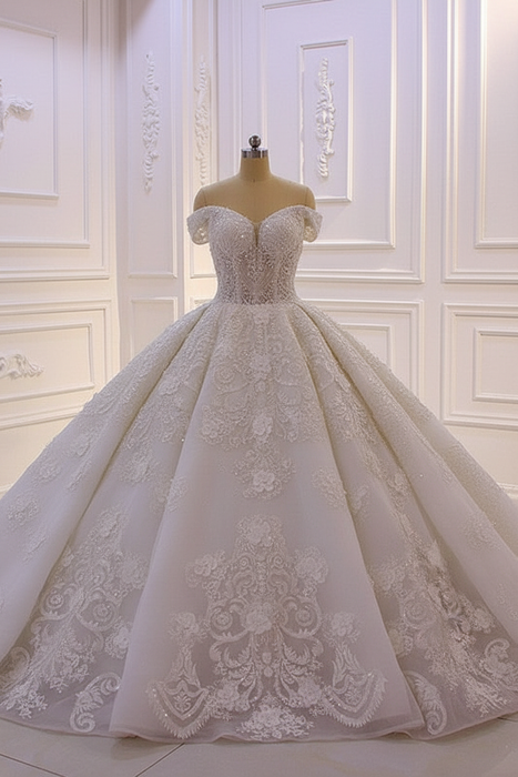 White Sweetheart Off-the-Shoulder Backless Wedding Dress with Lace Ruffles and Tulle Appliques