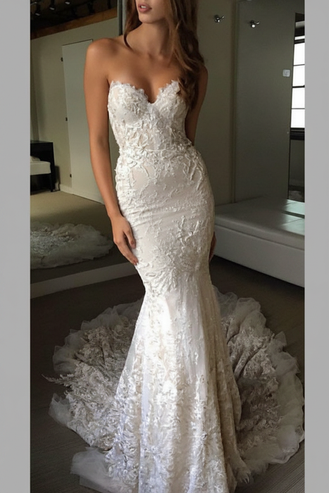 White Sweetheart Strapless Lace Trumpet Court Train Wedding Dress - Wedding Dresses