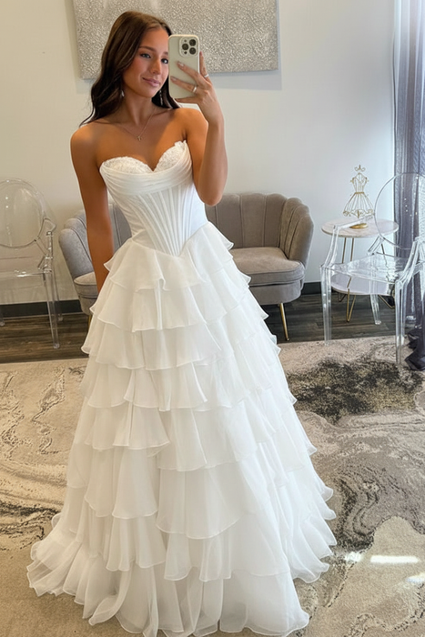 White Sweetheart Tiered Corset Aline Evening Dress Ruffle Chiffon Prom Dress with Split - Prom Dresses
