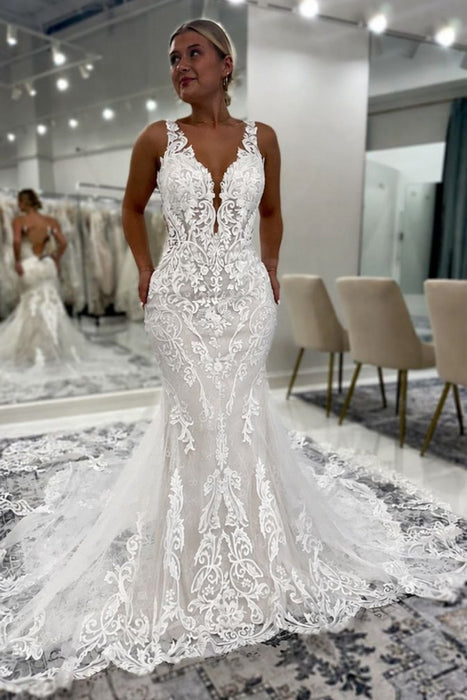 Sweetheart Tulle Appliques Lace Mermaid Wedding Dresses with Train