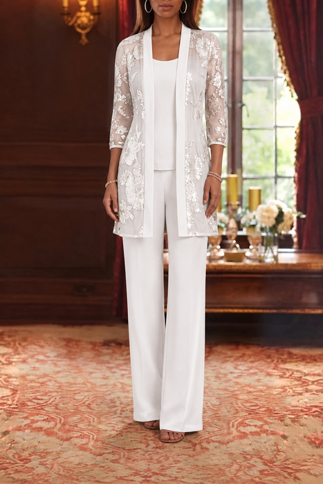 White three-piece mother of the bride pantsuit