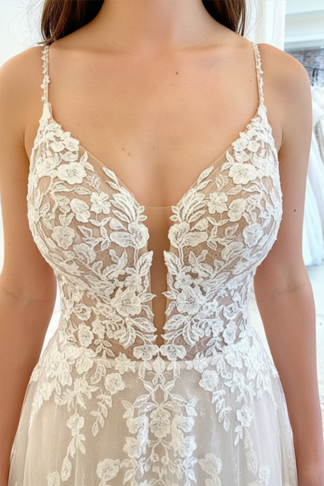 White Tulle V Neck Lace Floral Long Wedding Dresses