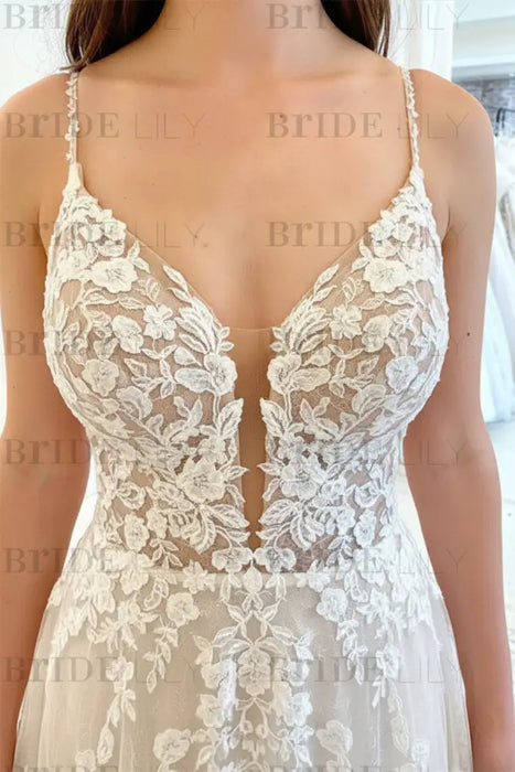 White Tulle V Neck Lace Floral Long Wedding Dresses