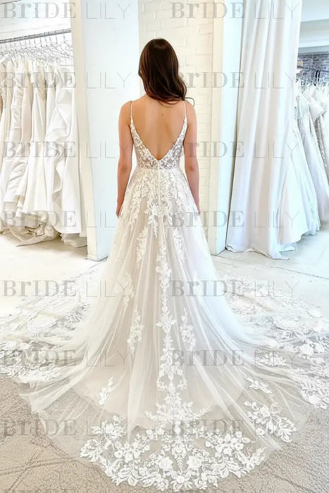 White Tulle V Neck Lace Floral Long Wedding Dresses