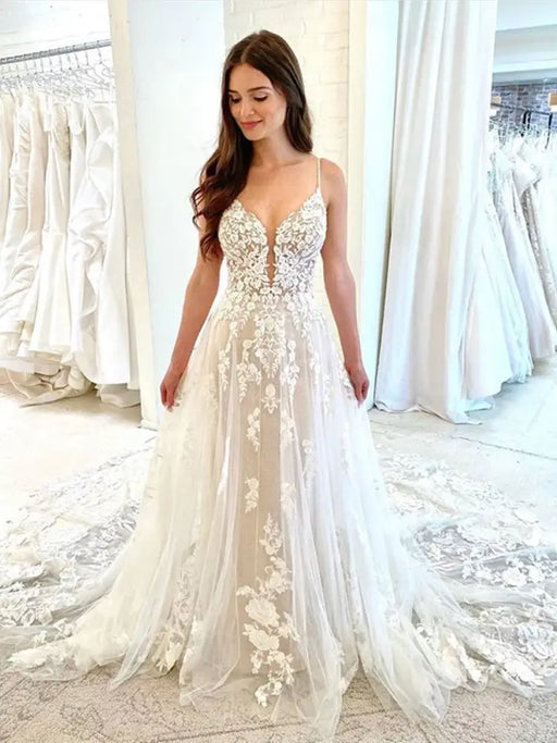 White Tulle V Neck Lace Floral Long Wedding Dresses,