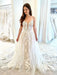 White Tulle V Neck Lace Floral Long Wedding Dresses,