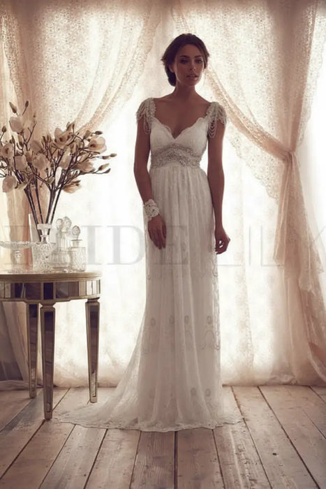 White V Neck Backless Boho Wedding Dresses - wedding dresses