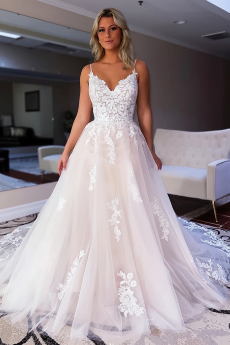White V Neck Backless Lace Aline Wedding Dresses