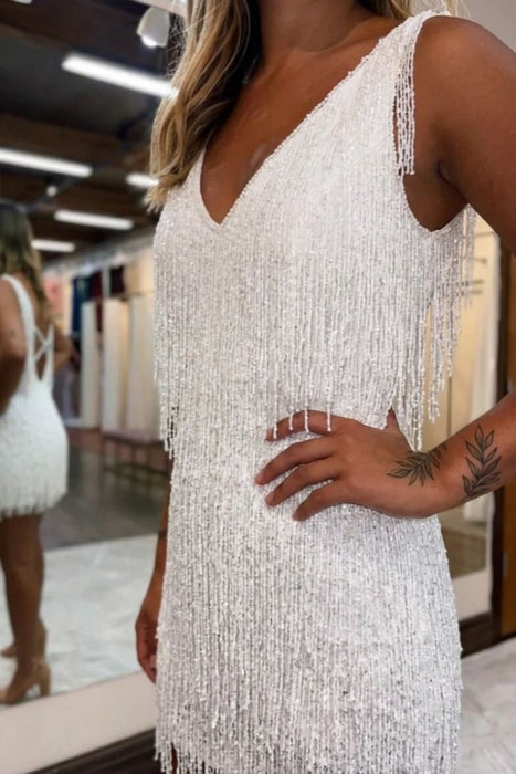 White V-Neck Backless Tight Short Homecoming Dress with Fringes