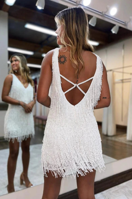 White V-Neck Backless Tight Short Homecoming Dress with Fringes