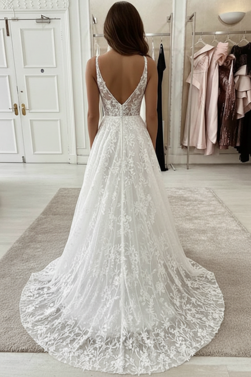 V Neck White Lace Long Wedding Dresses, Long White Lace Prom Dresses, White Formal Evening Dresses