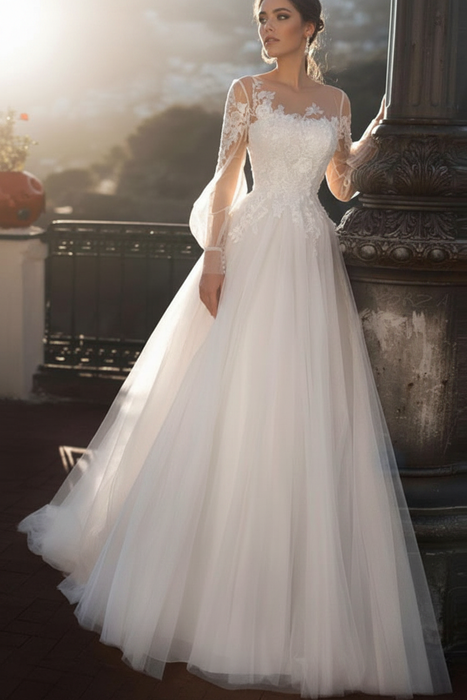 White wedding dresses a line illusion neck long sleeve floor length tulle pleated bridal dress with train