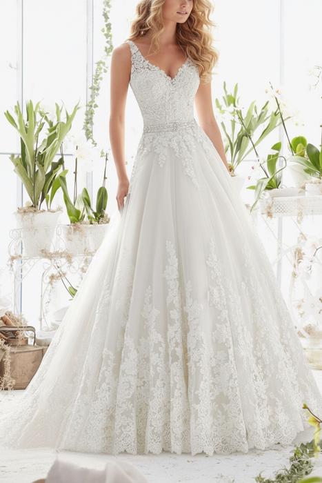 White Wedding Dresses V Neck Sleeveless A Line Lace Embellishment Beaded Sash Bridal Dresses With Train