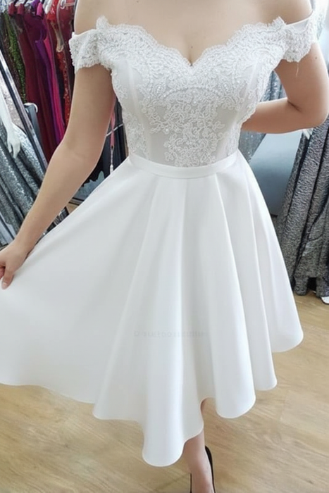 White A Line Off the Shoulder Knee Length Homecoming Dresses with Appliques - Prom Dresses