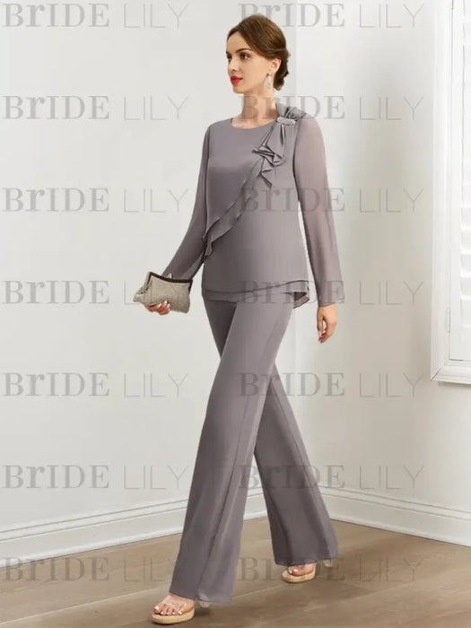 Side view of grey chiffon wide-leg pantsuit with ruffle detail